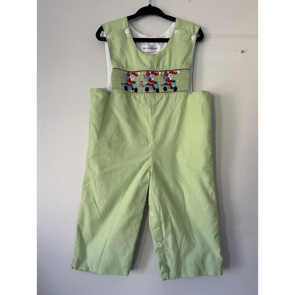 Le Cirque Green White Seersucker Smocked Christmas Santa Romper Size 2T